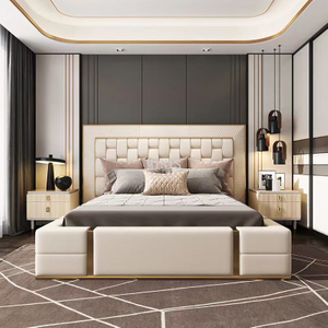Meubles de chambre &agrave; coucher modernes, lit adulte en cuir beige &agrave; dossier haut