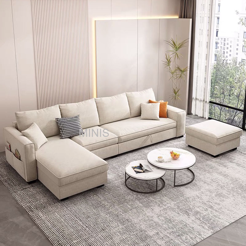 Canap&eacute;s-lits pliables en forme de L en tissu beige avec rangement