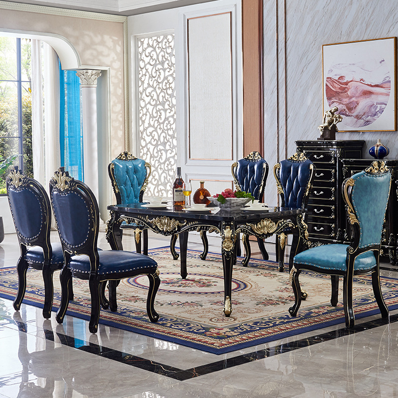 Sillas de comedor de cuero azul Mesa de comedor redonda de m&aacute;rmol y madera