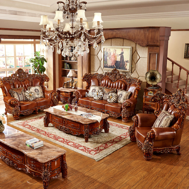 Sof&aacute;s de sal&oacute;n de cuero aut&eacute;ntico con estilo de madera marr&oacute;n antigua