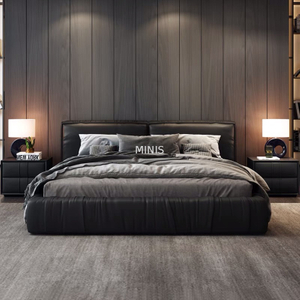 Meubles de chambre &agrave; coucher pour adultes, lit en cuir noir moderne et confortable