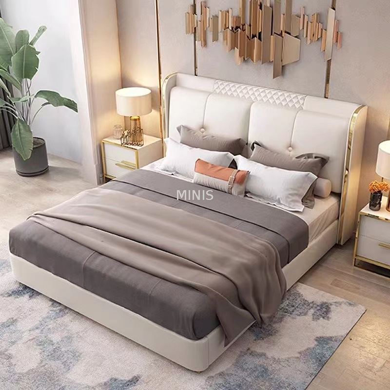 Muebles c&oacute;modos para dormitorio, cama doble de cuero blanco para adultos
