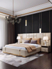 Meubles de chambre &agrave; coucher modernes, lit adulte en cuir beige &agrave; dossier haut