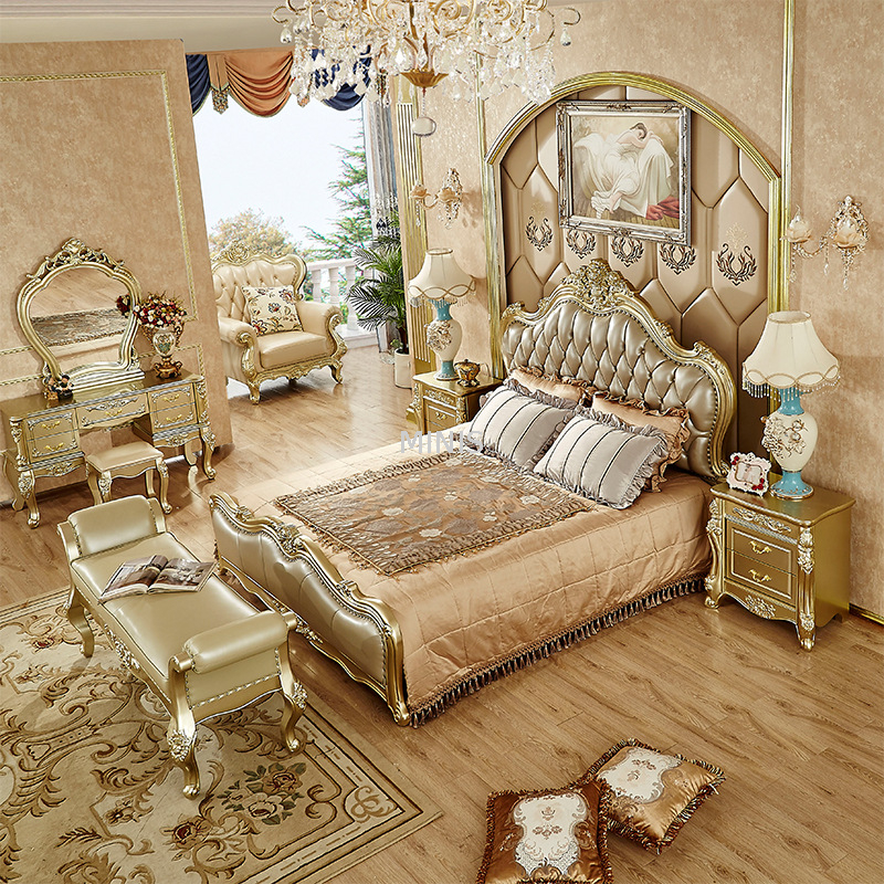 Meubles de chambre &agrave; coucher lit en cuir v&eacute;ritable en bois dor&eacute; classique