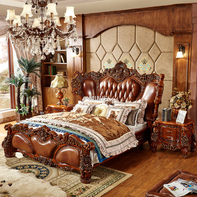 Meubles de chambre &agrave; coucher, lit King Size en bois et cuir v&eacute;ritable, Vintage