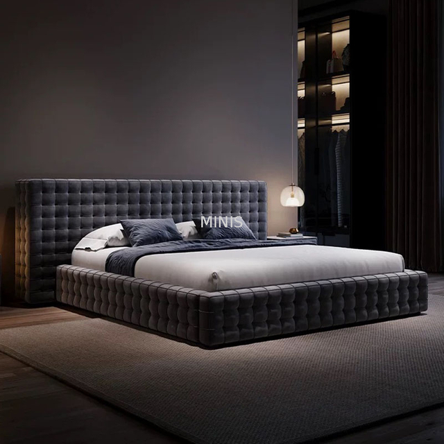 Meubles de chambre &agrave; coucher pour adultes, grand lit de luxe en velours en tissu bleu 