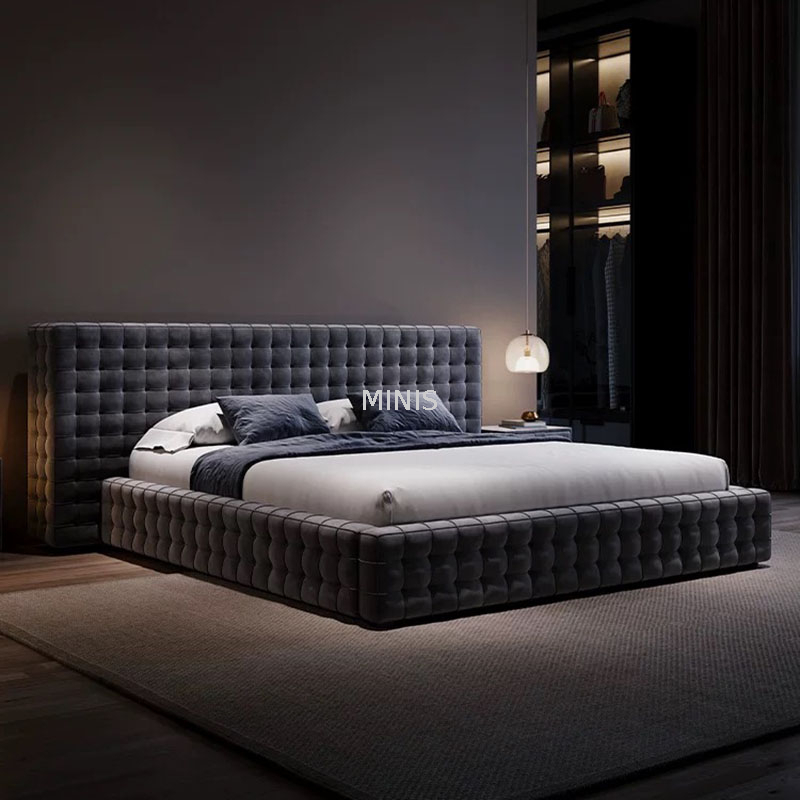 Meubles de chambre &agrave; coucher pour adultes, grand lit de luxe en velours en tissu bleu 