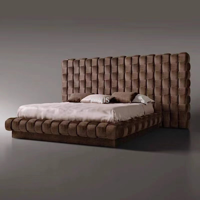Meubles de chambre &agrave; coucher pour adultes, grand lit de luxe en velours en tissu bleu 