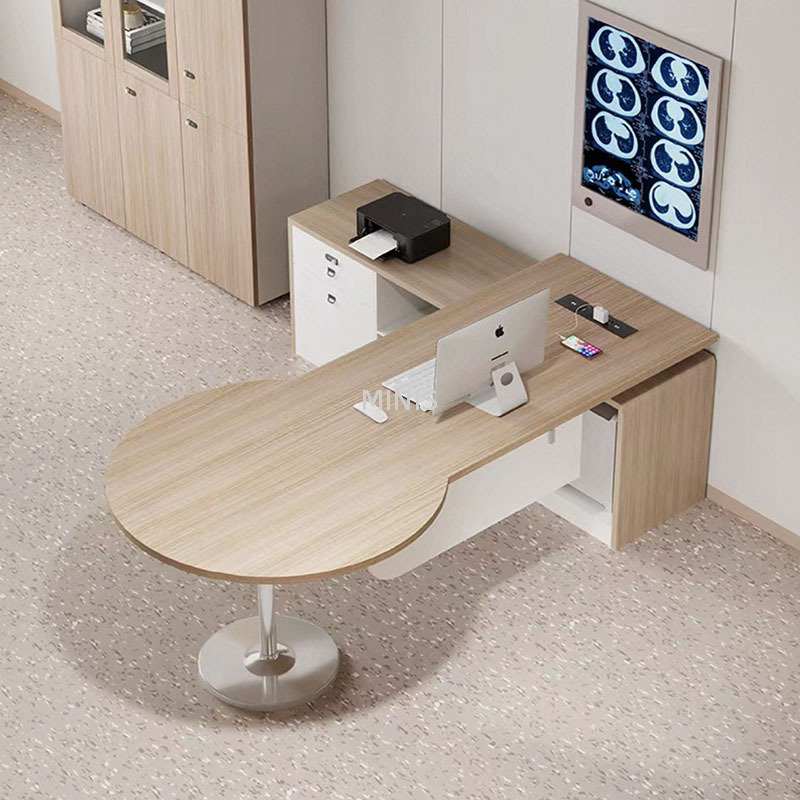 Bureau en bois rond rectangulaire avec table d'angle lat&eacute;rale