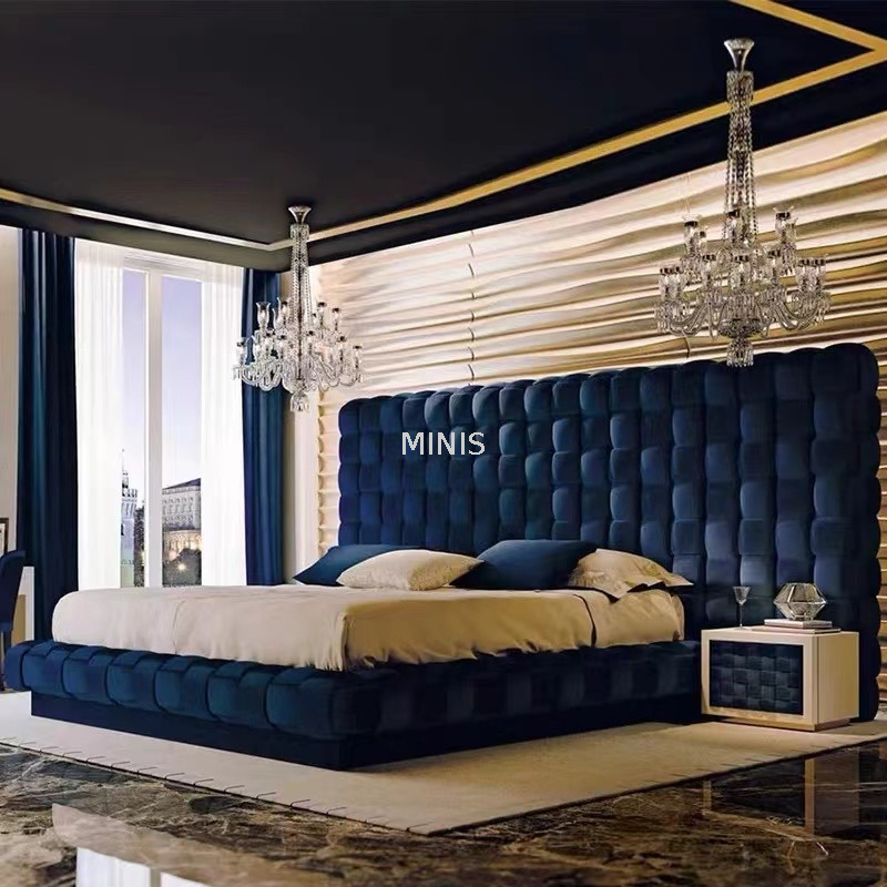 Meubles de chambre &agrave; coucher pour adultes, grand lit de luxe en velours en tissu bleu 