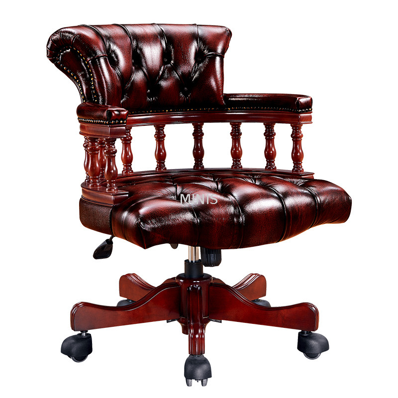 Fauteuil de bureau rotatif vintage en cuir de vache rouge en bois agr&eacute;able