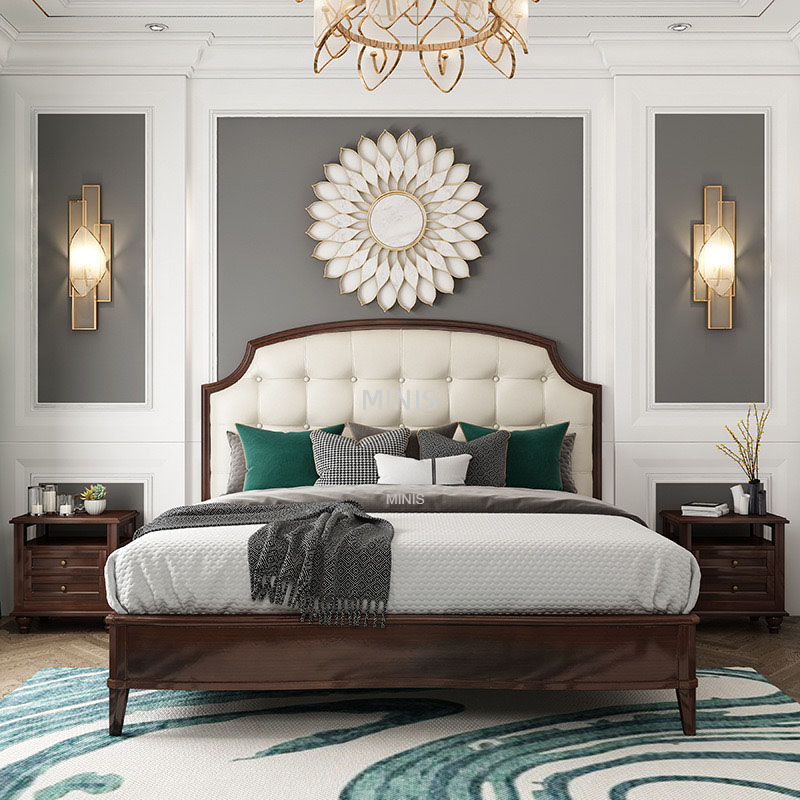 Cama de cuero blanco de madera c&oacute;moda y duradera de calidad europea