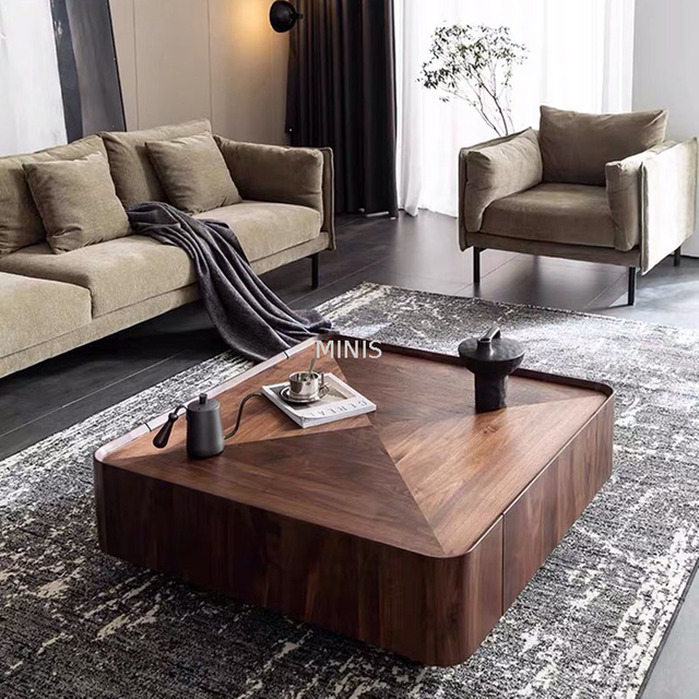 Table basse en bois carr&eacute;e de salon avec tiroirs