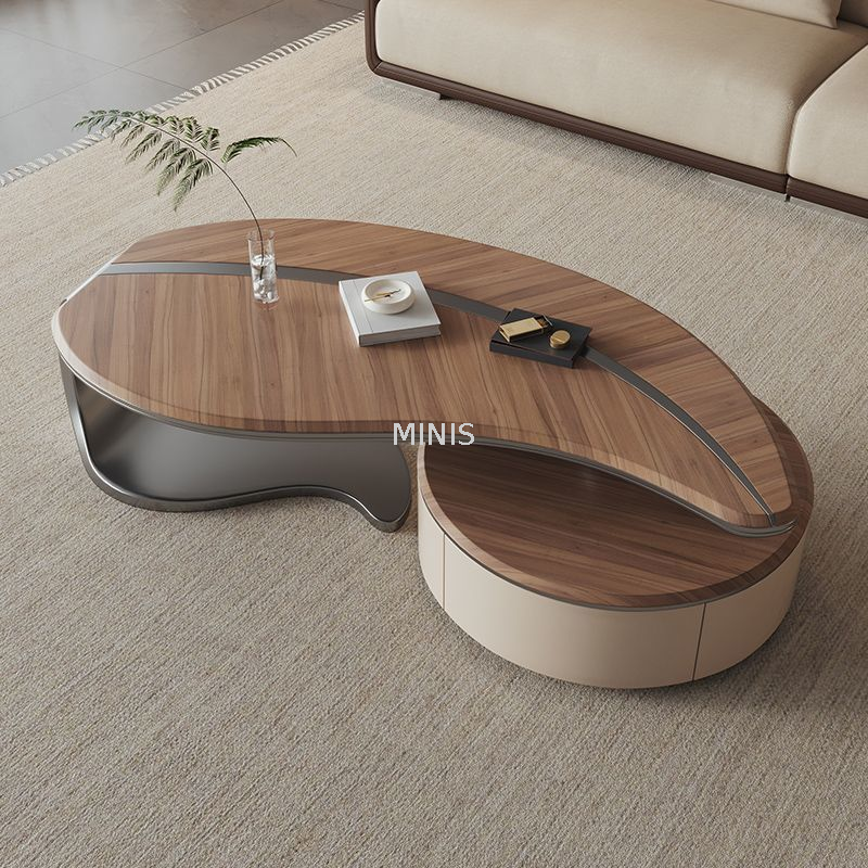 Table basse en forme de feuille beige en bois de salon avec tiroirs
