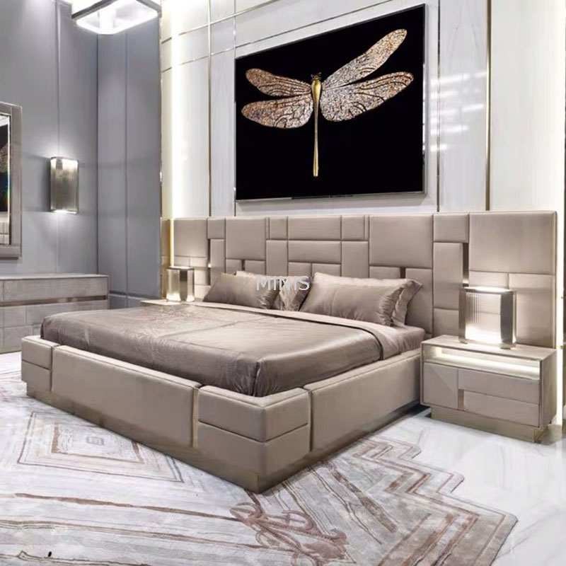 Dormitorio franc&eacute;s Lujosa cama tama&ntilde;o king para adultos de cuero gris