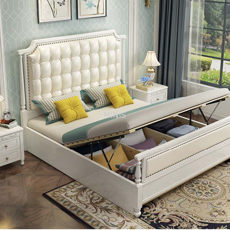 Cama de cuero blanco de madera c&oacute;moda y duradera de calidad europea