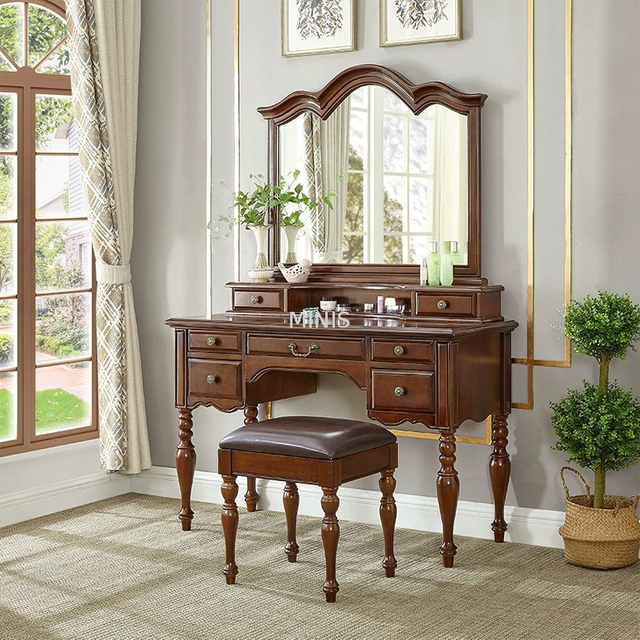 Tocador de madera marr&oacute;n vintage para dormitorio con espejo