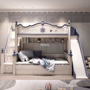 Dormitorio para ni&ntilde;os, litera azul y blanca para ni&ntilde;os con tobog&aacute;n