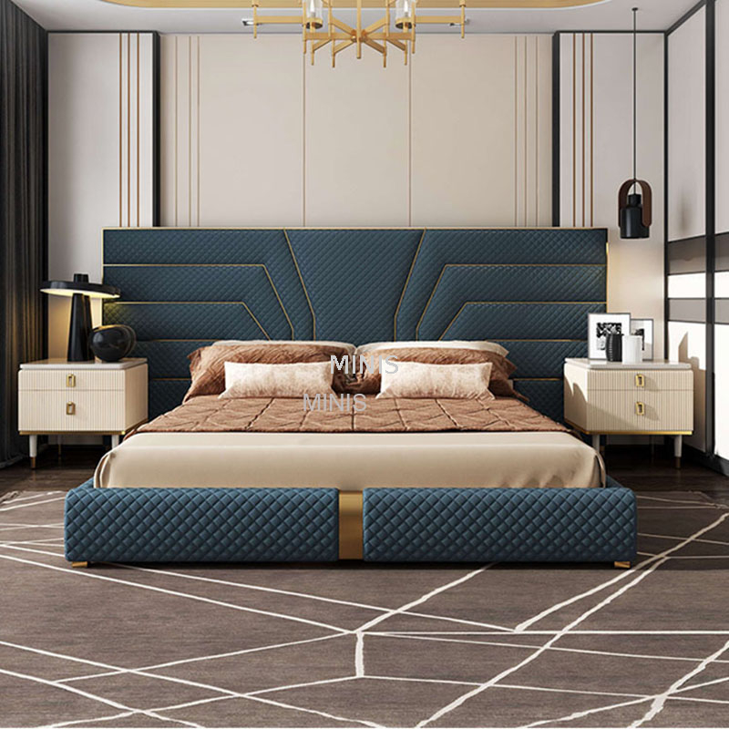 Meubles de chambre &agrave; coucher pour adultes, grand lit de luxe en velours en tissu bleu 