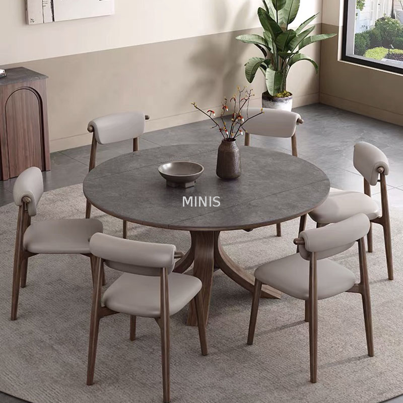 Table escamotable moderne de salle &agrave; manger avec dessus en marbre et pieds en bois